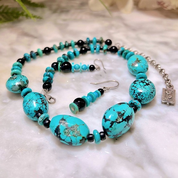 Vintage Handmade Turquoise Necklace with Onyx Solid 925 Sterling Silver+Earrings - Picture 11 of 15